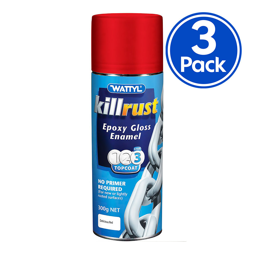 WATTYL Killrust Epoxy Gloss Enamel Paint 300g Aerosol Delicious Red x 3 Pack