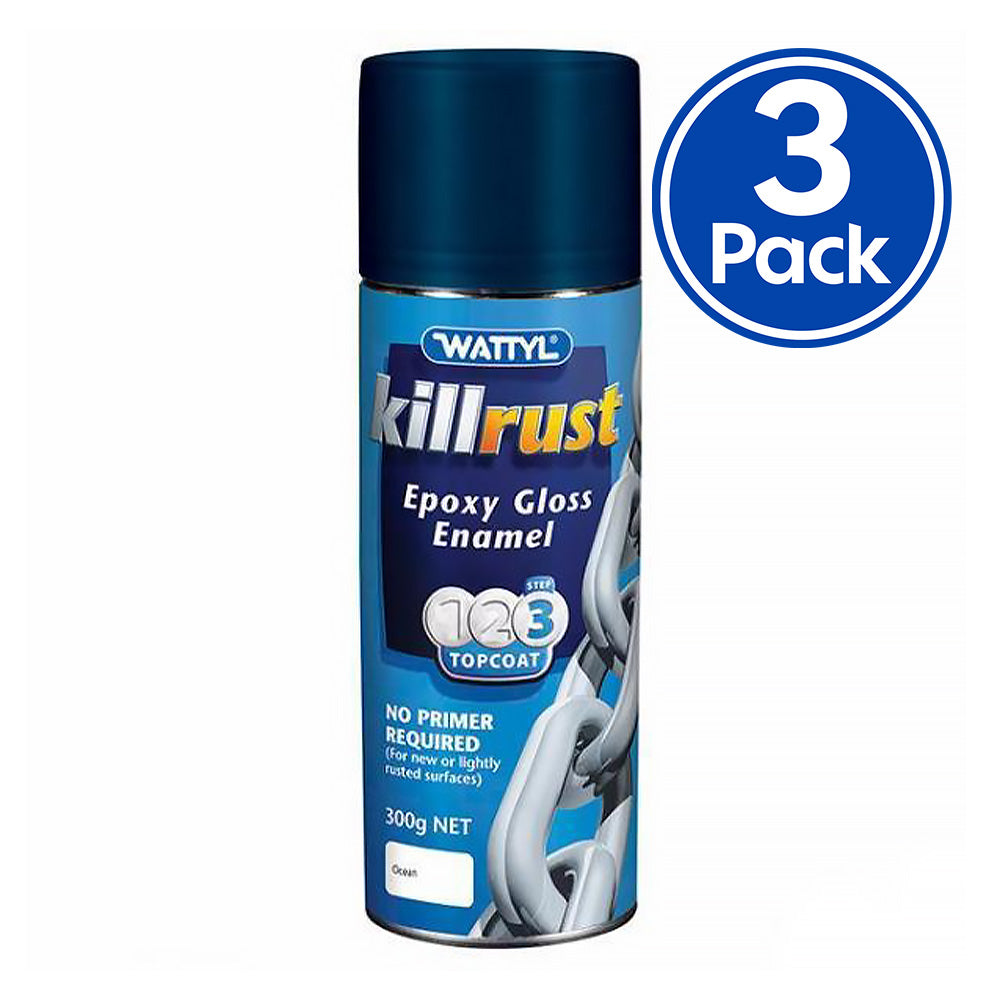 WATTYL Killrust Epoxy Gloss Enamel Paint 300g Aerosol Deep Ocean Blue x 3 Pack