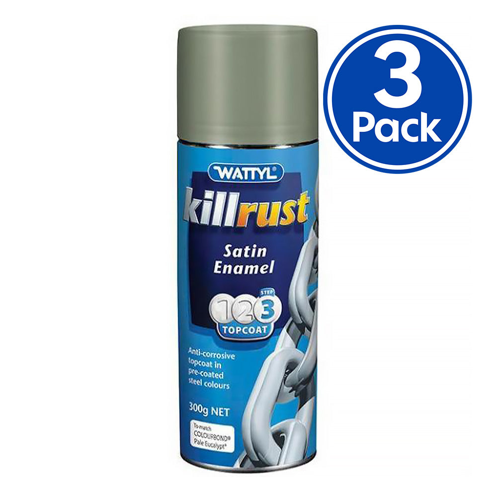 WATTYL Killrust Satin Enamel Spray Paint 300g Aerosol Pale Eucalypt x 3 Pack