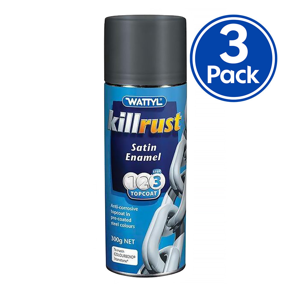 WATTYL Killrust Satin Enamel Spray Paint 300g Aerosol Ironstone x 3