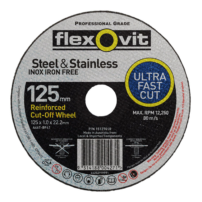 FLEXOVIT Cut Off Wheel 125mm x 1 x 22 Thin Metal Cutting Professional Grinder 5"