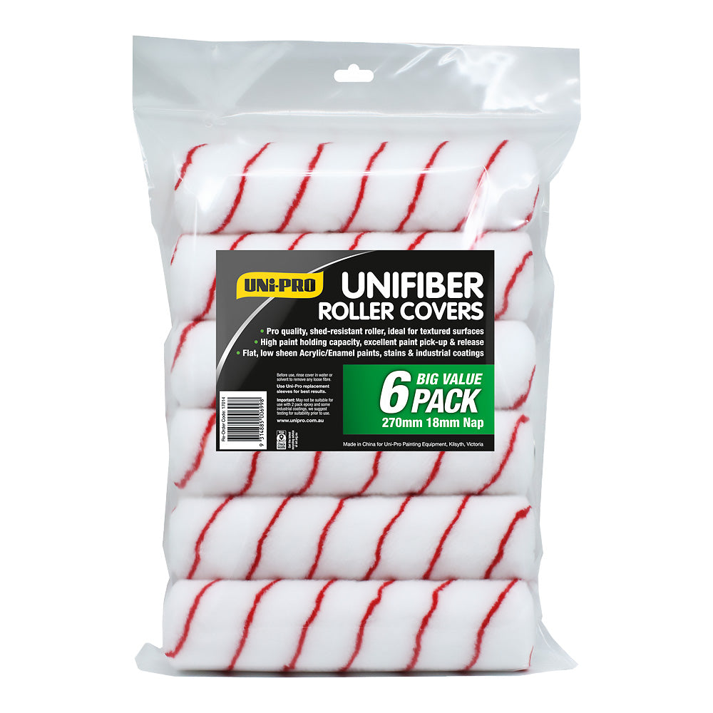 UNi-PRO 270mm Unifiber Roller Covers 18mm Nap 6 Pack Paint Rollers