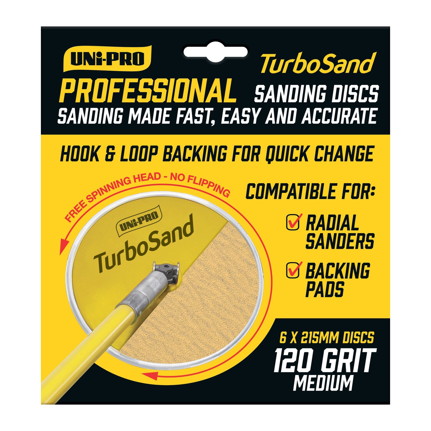 UNi-PRO TurboSand 215mm 120 Grit Sanding Disc x6 Hook And Loop Surface Prep