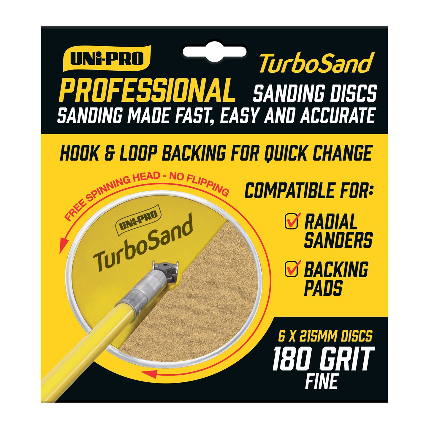 UNi-PRO TurboSand 215mm 180 Grit Sanding Disc x6 Hook And Loop Surface Prep