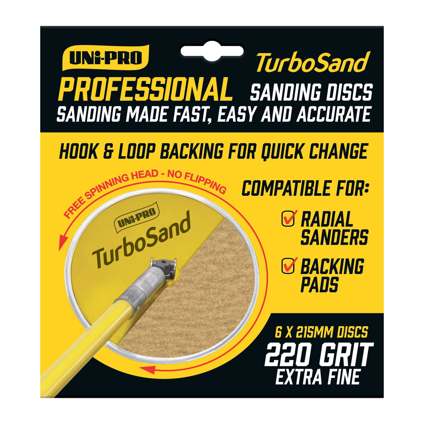 UNi-PRO TurboSand 215mm 220 Grit Sanding Disc x6 Hook And Loop Surface Prep