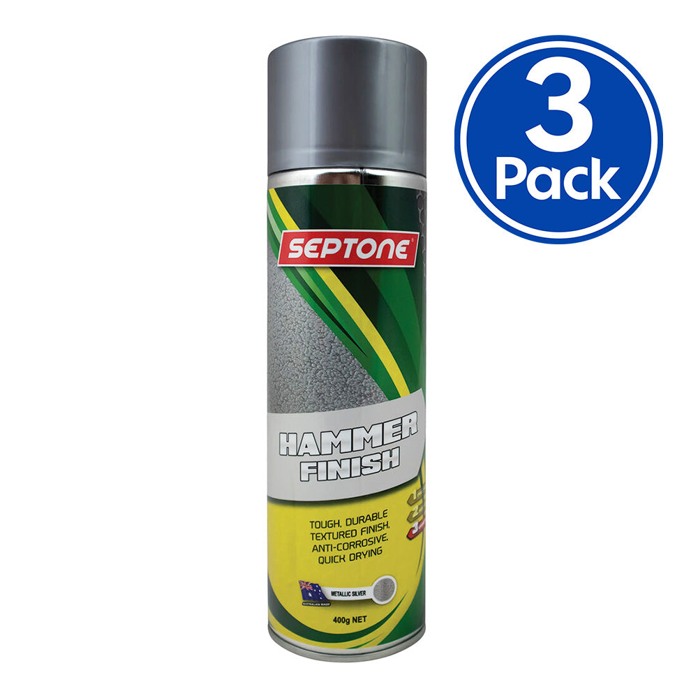 SEPTONE Metallic Hammer Finish Anti Corrosive Spray Paint 400g Aerosol Silver x 3 Pack