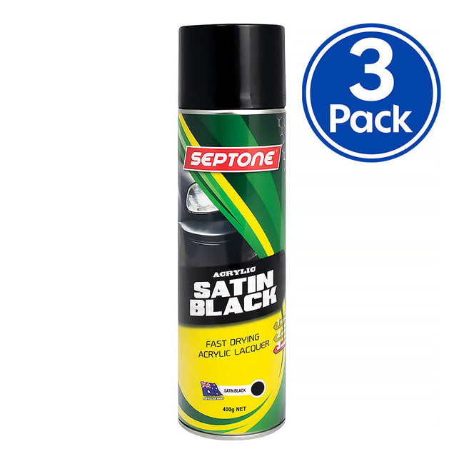 SEPTONE Automotive Acrylic Lacquer Spray Paint 400g Aerosol Satin Black x 3 Pack