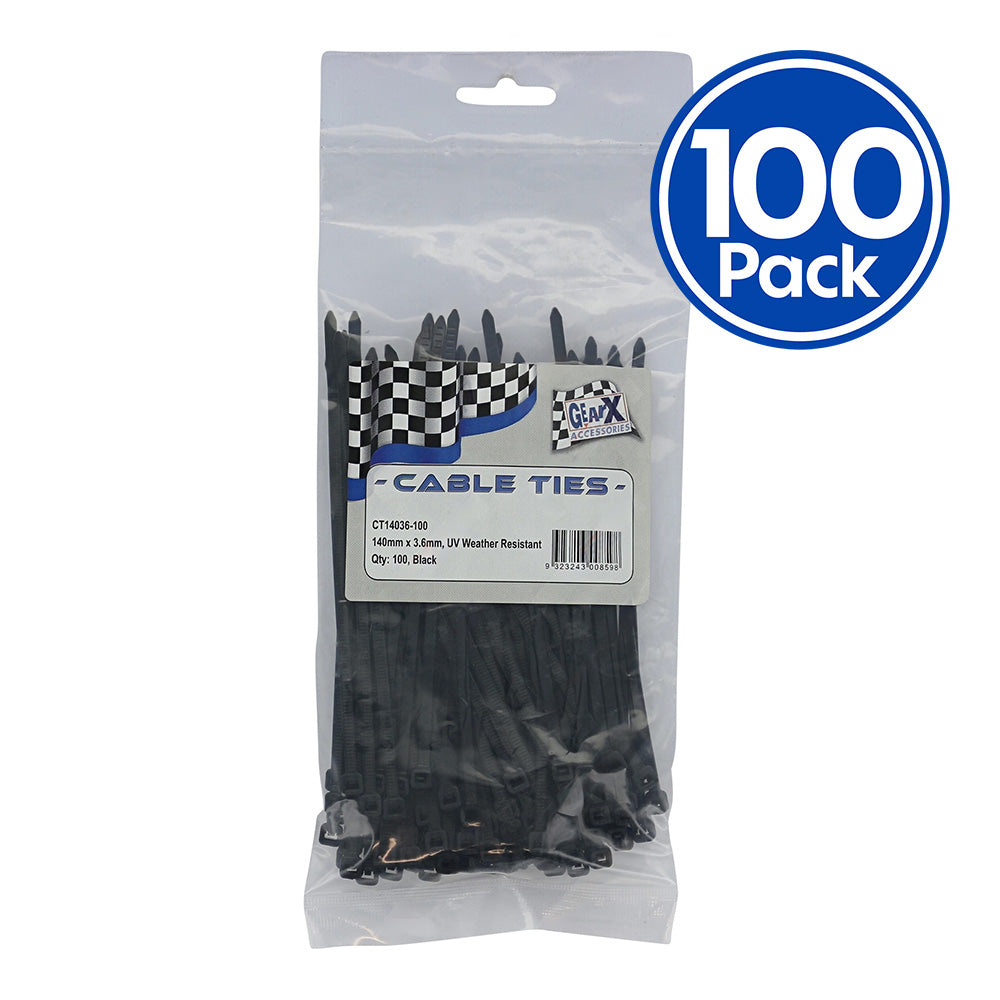 GEAR-X Cable Ties Black 140mm x 3.6mm x 100 Pack UV Stabilized Weather Resistant