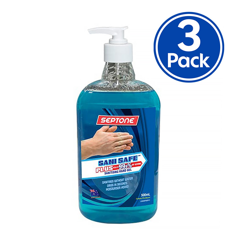 SEPTONE Sani Safe Plus Water-less Hand Sanitiser Gel 500mL 70% Ethanol x 3 Pack