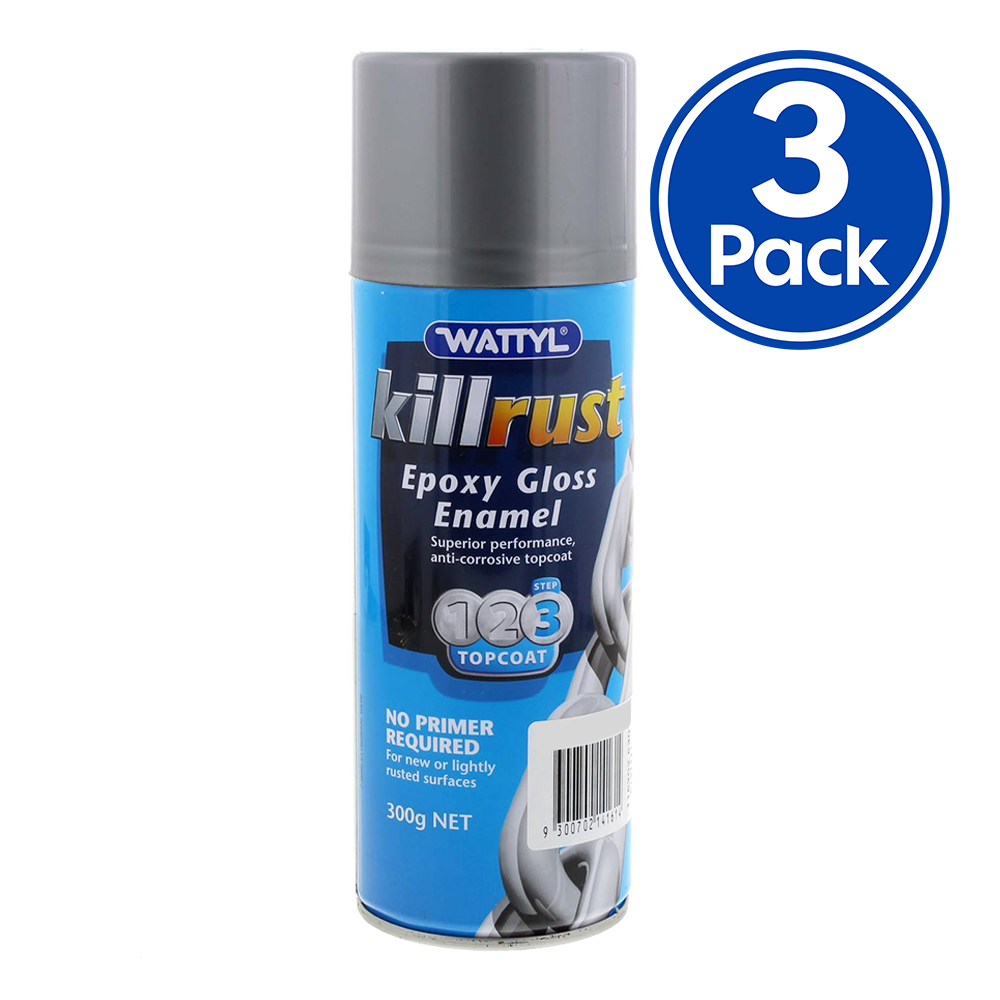 WATTYL Killrust Epoxy Gloss Enamel Spray Paint Silver Aluminium 300g Aerosol x 3 Pack