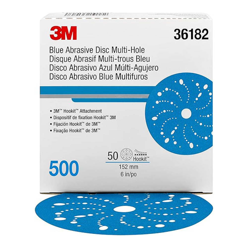 3M 36182 Hookit Blue Sandpaper Disc Multihole 150mm 500 Grit x 50 Pack Box