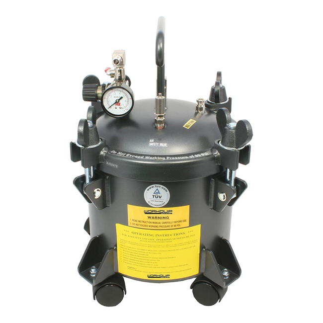 Workquip 10L Paint Pressure Pot Non-Agitation With Regulator Liner Casters 02210