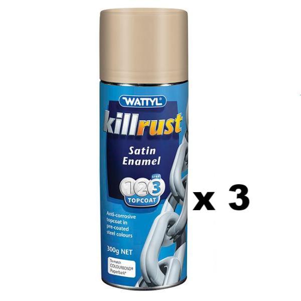 WATTYL Killrust Satin Enamel Spray Paint 300g Aerosol Paperbark x 3