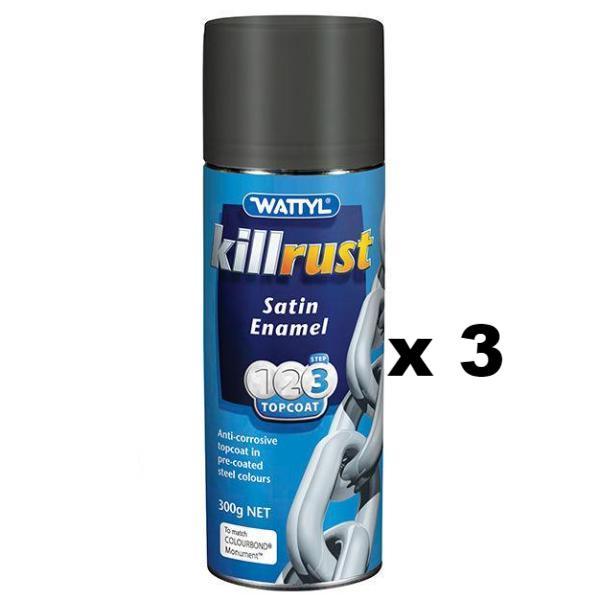 WATTYL Killrust Satin Enamel Spray Paint 300g Aerosol Monument x 3