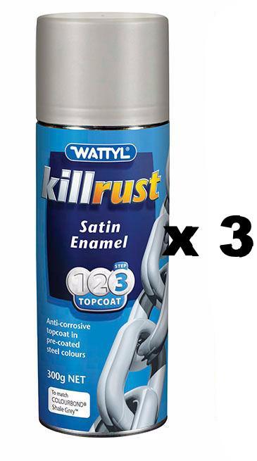 WATTYL Killrust Satin Enamel Spray Paint 300g Aerosol Shale Grey x 3