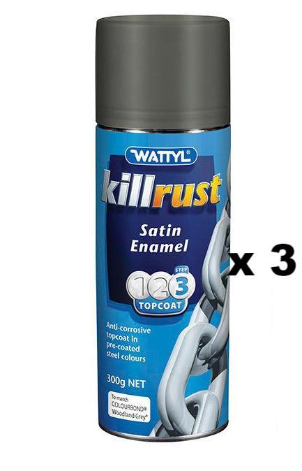 WATTYL Killrust Satin Enamel Spray Paint 300g Aerosol Woodland Grey x 3