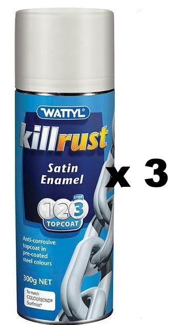 WATTYL Killrust Satin Enamel Spray Paint 300g Aerosol Surfmist x 3