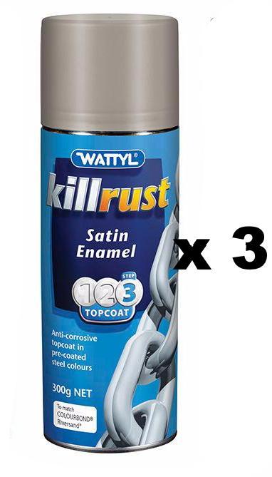 WATTYL Killrust Satin Enamel Spray Paint 300g Aerosol Riversand x 3
