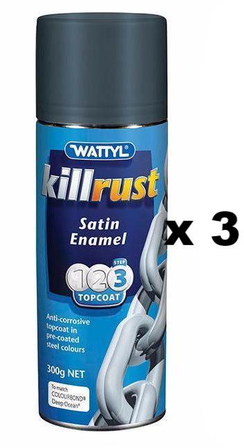 WATTYL Killrust Satin Enamel Spray Paint 300g Aerosol Deep Ocean x 3