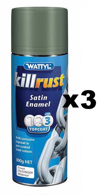 WATTYL Killrust Satin Enamel Spray Paint 300g Aerosol Wilderness x 3