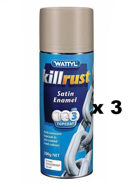 WATTYL Killrust Satin Enamel Spray Paint 300g Aerosol Dune x 3
