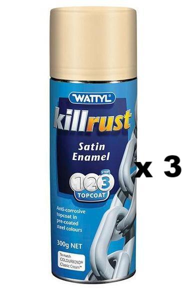 WATTYL Killrust Satin Enamel Spray Paint 300g Aerosol Classic Cream x 3