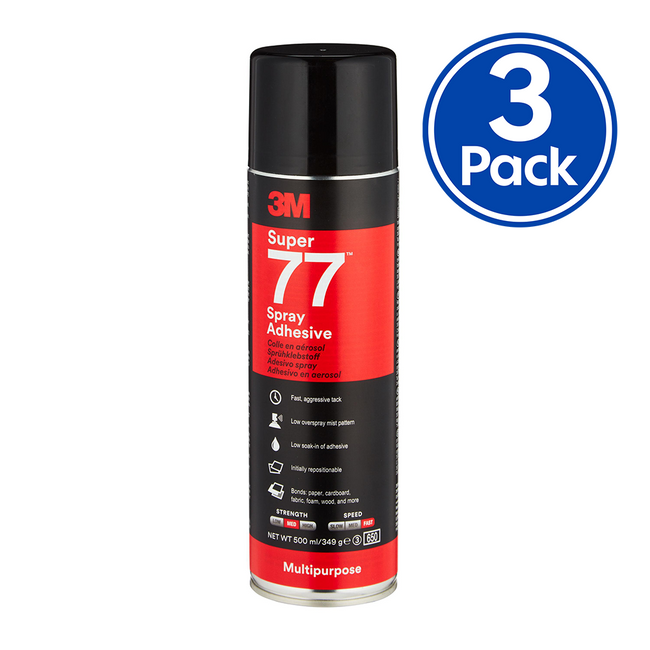 3M Super 77 Multi Purpose Fast Drying Spray Adhesive 379g Aerosol x 3 Pack