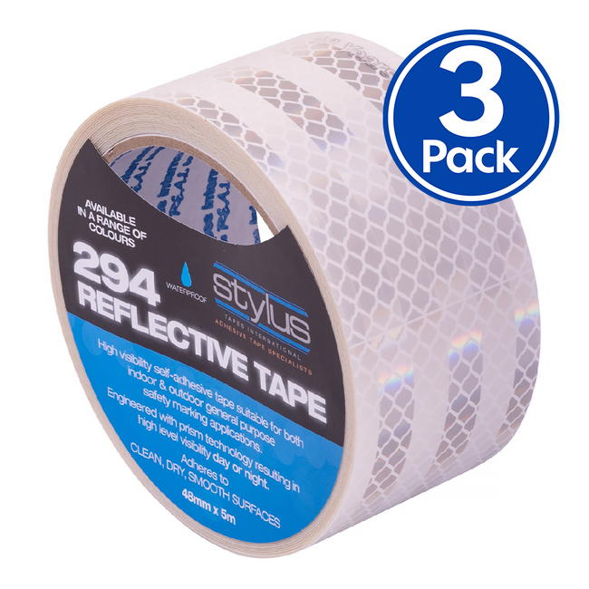 STYLUS 294 Reflective Tape 48mm x 5m x 3 Pack White Waterproof High Visibility