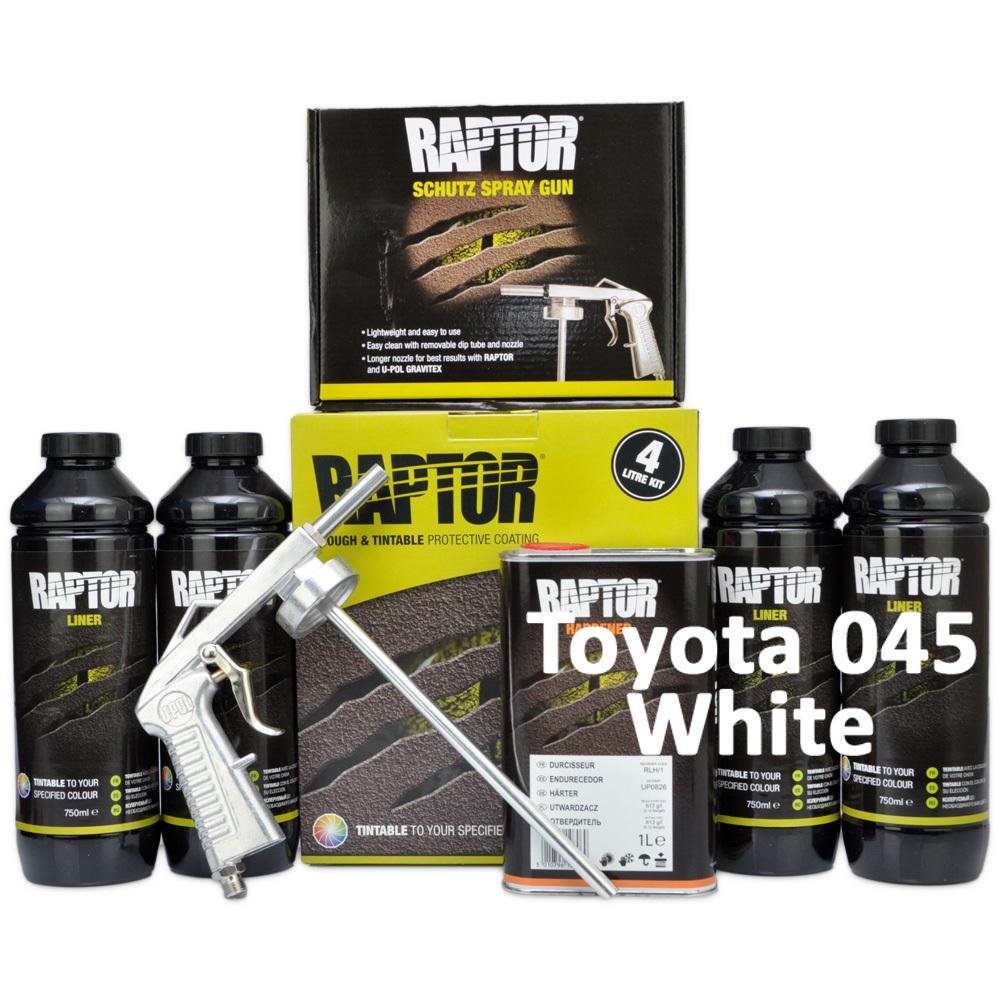 U-Pol Raptor Tintable for Toyota 045 White Protective Bed Liner Kit 4L + Schutz Gun