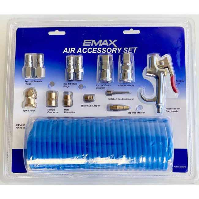 EMAX Air Accessory 14 Pce Set 25ft Hose 1/4" Fitting BSP Male Female Connector