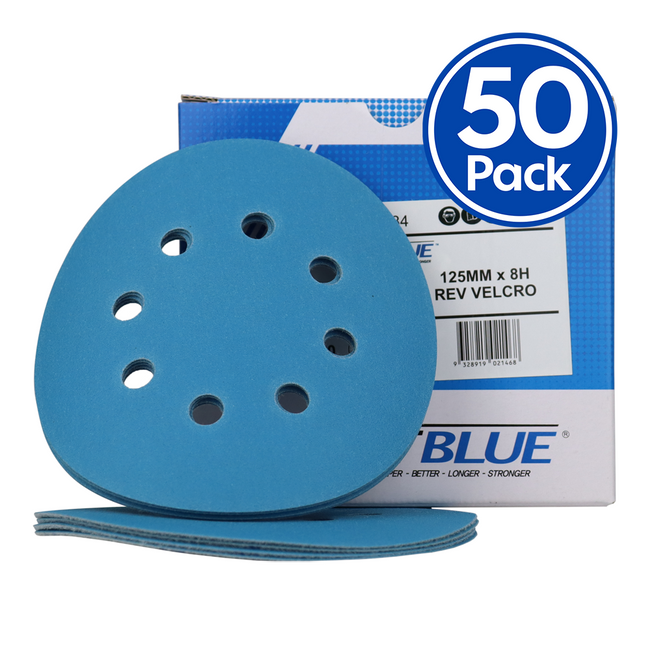 Revcut Blue Sanding Paper Hook & Loop P40 Grit 125mm 8H x 50 Film Discs Box