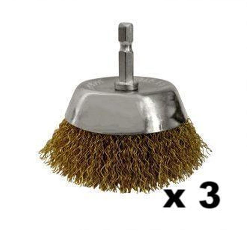 Josco Brumby 75mm Drill Bit Steel Wire Spindle-Mounted Crimped Cup Brush x 3