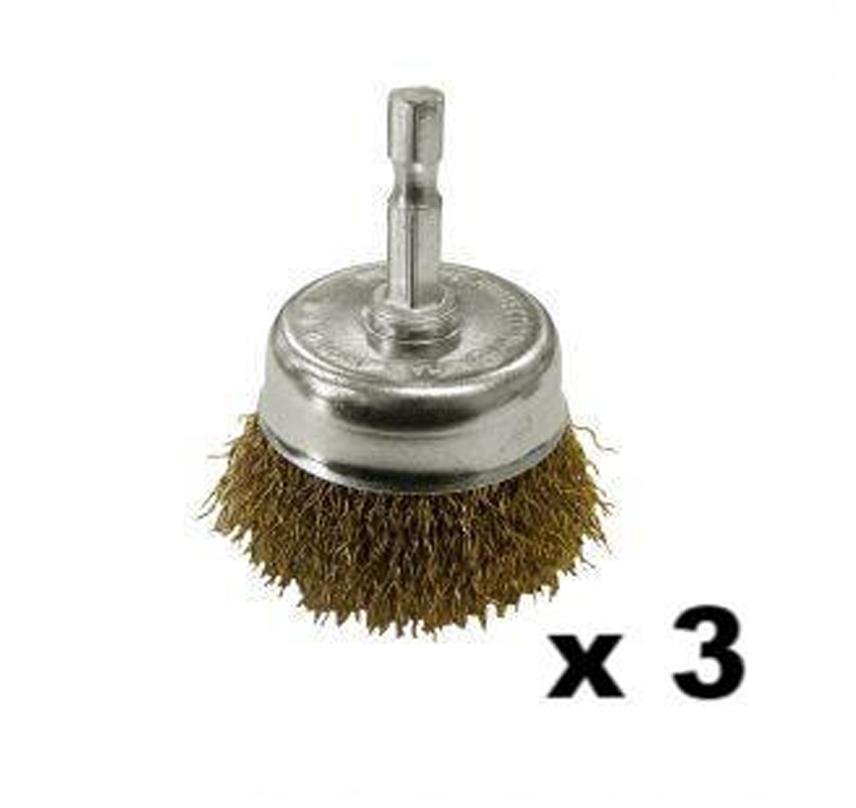 Josco Brumby 50mm Drill Bit Steel Wire Spindle-Mounted Crimped Cup Brush x 3