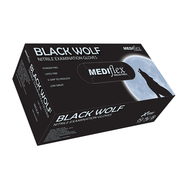 BLACK WOLF Textured Black Nitrile Disposable No Latex & Powder Gloves x 50 Pairs