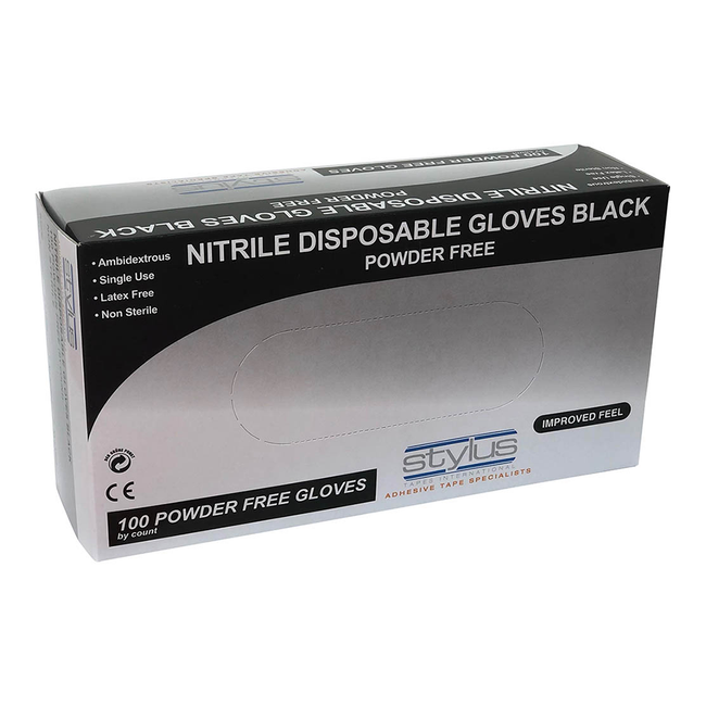 Stylus Black Nitrile Gloves Disposable Powder Free Small / Medium x 100 Pack