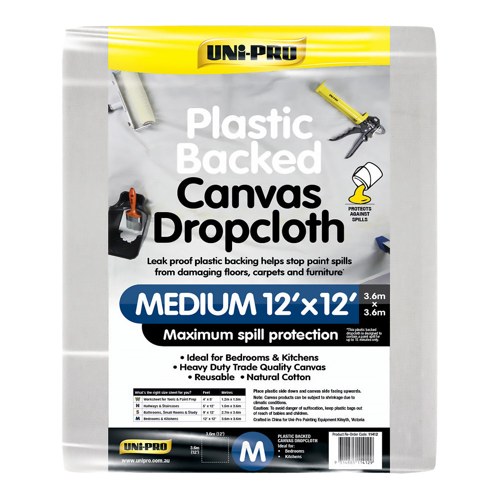 UNi-PRO Plastic Backed Canvas Dropcloth 12x12ft Heavy Duty Sheet