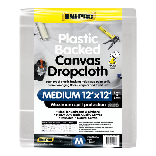 UNi-PRO Plastic Backed Canvas Dropcloth 12x12ft Heavy Duty Sheet