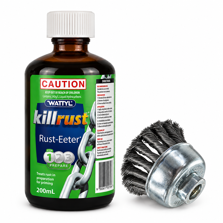 WATTYL Killrust Rust-Eeter 200ml + FLEXOVIT Twist Knot Wire Cup Brush 75mm Kit