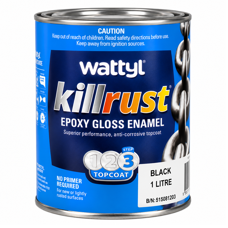 WATTYL Killrust Epoxy Enamel Gloss Black 1L Metal Paint