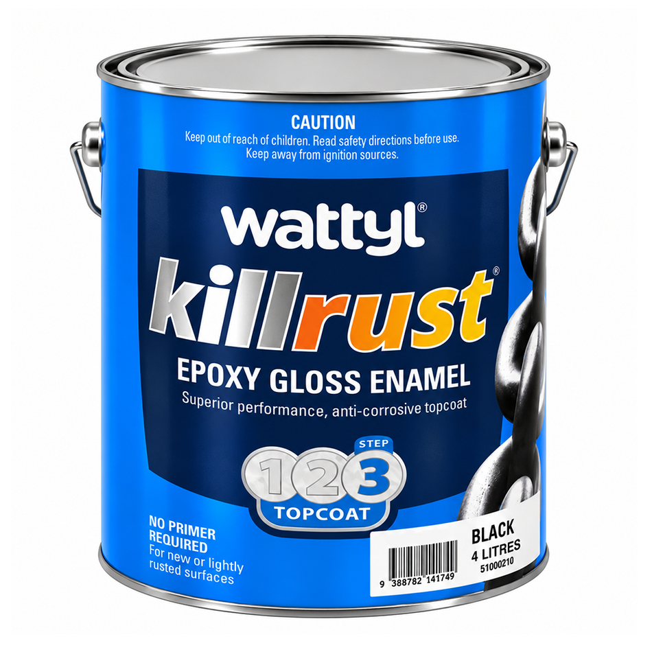WATTYL Killrust Epoxy Gloss Enamel Black 4L Anti-Rust Metal Paint