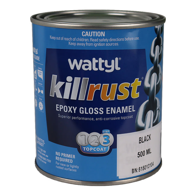 WATTYL Killrust Epoxy Gloss Enamel Black 500ml Rust Protection Metal Paint