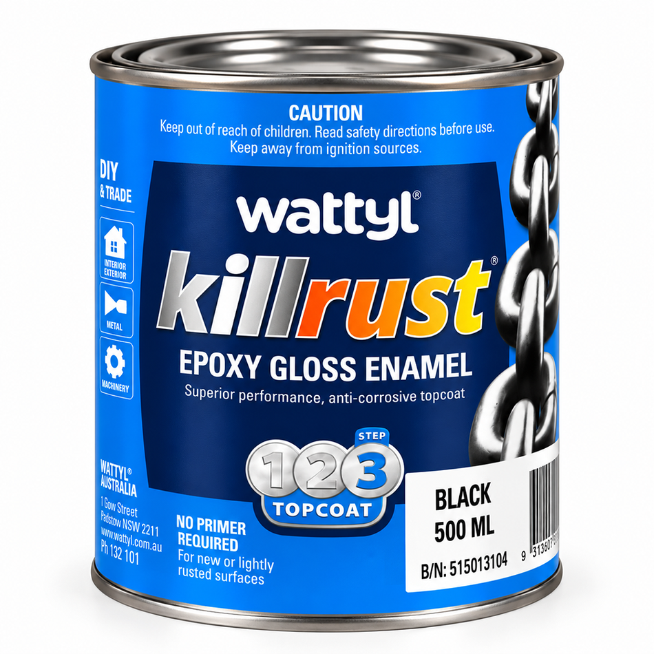 WATTYL Killrust Epoxy Enamel Gloss Black 500ml Metal Paint