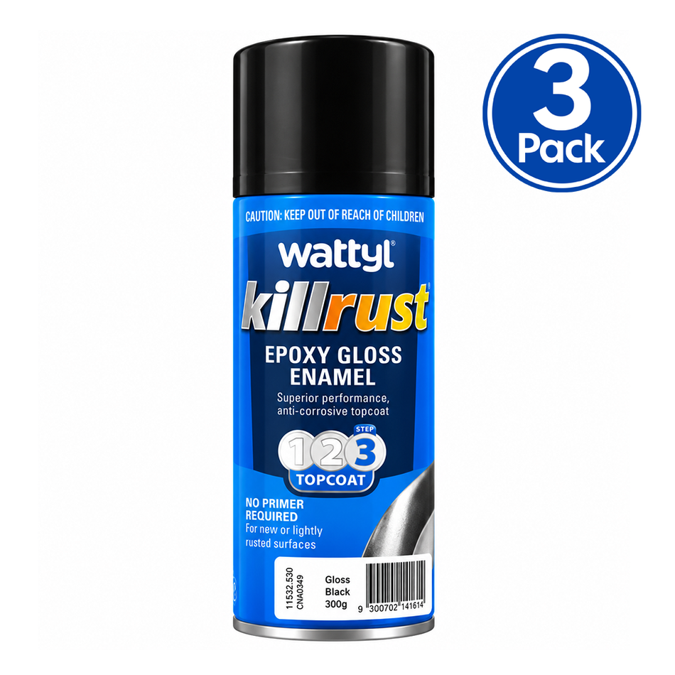 WATTYL Killrust Epoxy Gloss Enamel Black 300g Metal Spray Paint 3 Pack