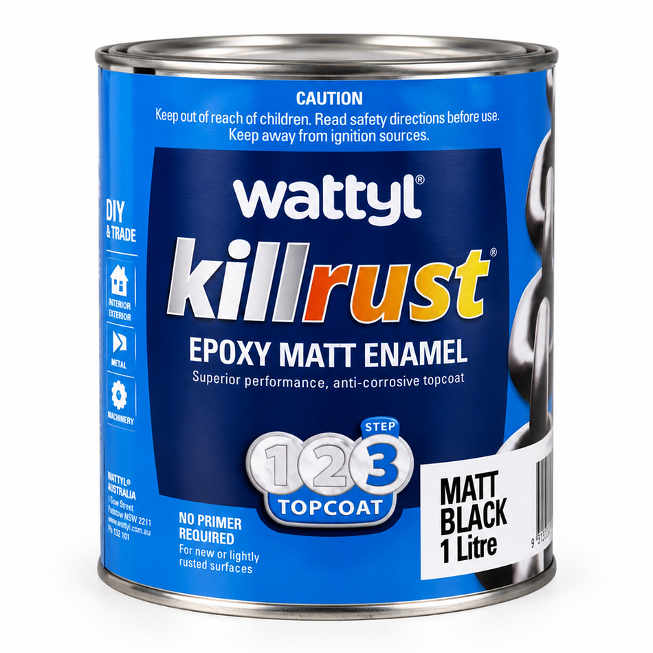 WATTYL Killrust Epoxy Enamel Matt Black 1L Metal Paint
