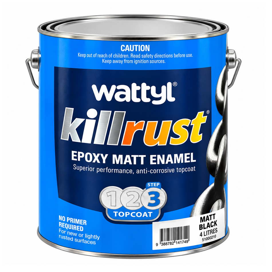 WATTYL Killrust Epoxy Enamel Matt Black 4L Anti-Rust Metal Paint