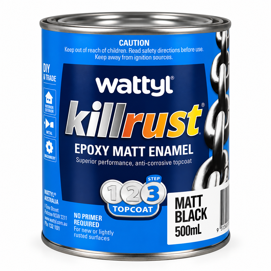 WATTYL Killrust Epoxy Enamel Matt Black 500ml Metal Paint