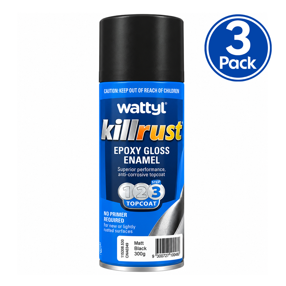 WATTYL Killrust Epoxy Enamel Matt Black 300g Metal Spray Paint 3 Pack