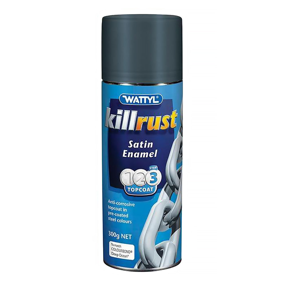 WATTYL Killrust Satin Enamel Colorbond Steel Colour 300g Aerosol Deep Ocean