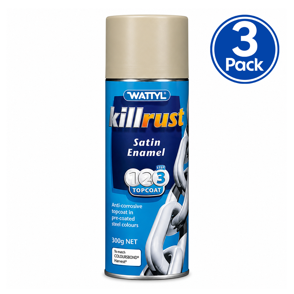 WATTYL Killrust Satin Enamel Spray Paint 300g Aerosol Harvest x 3