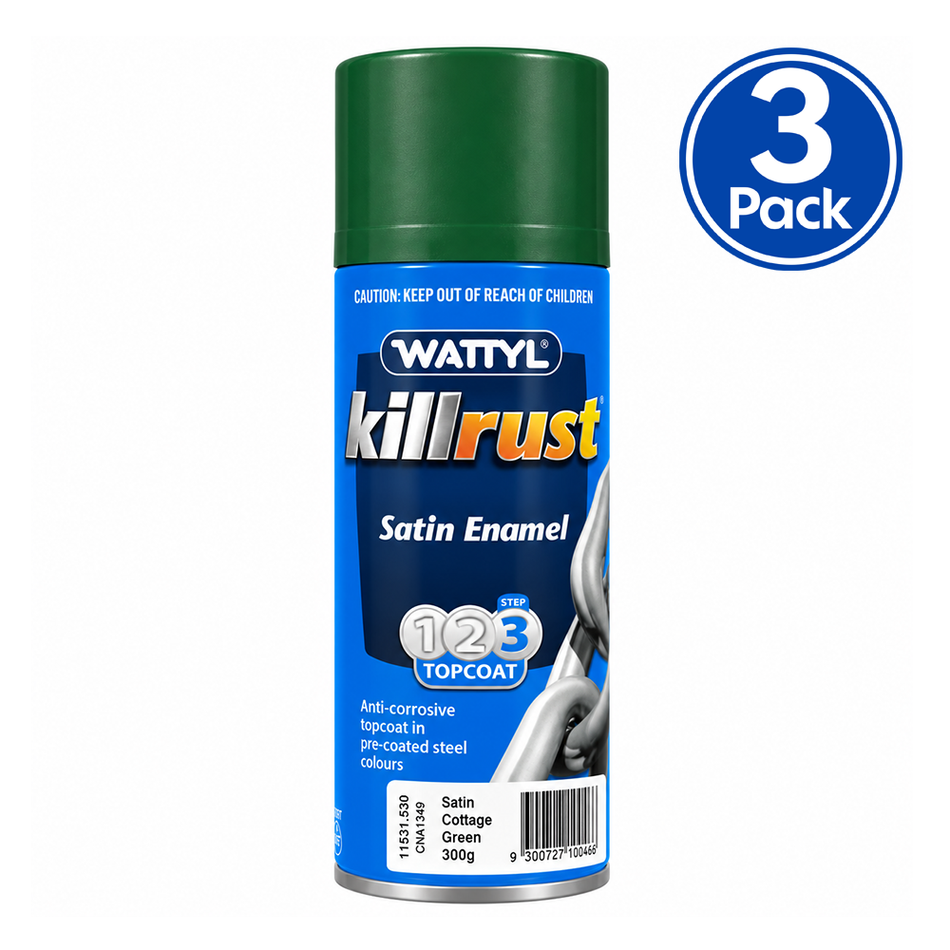 WATTYL Killrust Satin Enamel Cottage Green 300g Colorbond Spray Paint 3 Pack